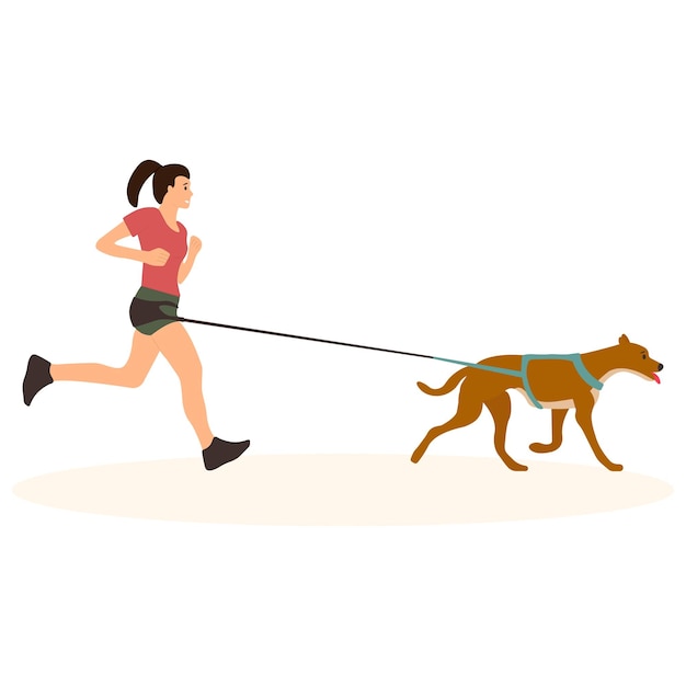 Young woman jogging with his dog on a leash Caring for a pet Vector illustration