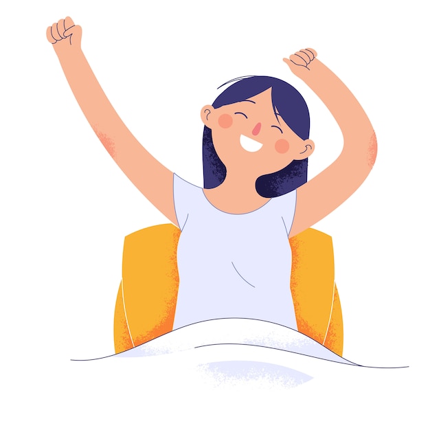 young woman just woke up from her sleep while raising her hands and smiling