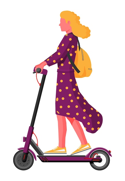 Молодая женщина на самокате Девушка с рюкзаком катается на электрическом скутере Хипстерский персонаж использует современный городской транспорт Экологически удобный городской транспорт Мультяшная плоская векторная иллюстрация