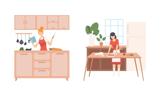 young woman in kitchen cooking meal and preparing food at home vector set