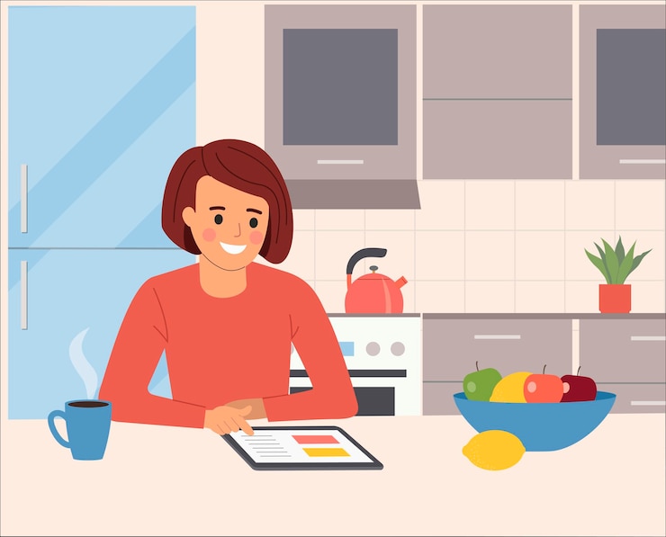 Vector young woman in the kitchen is looking for a recipe in a tablet vector flat illustration
