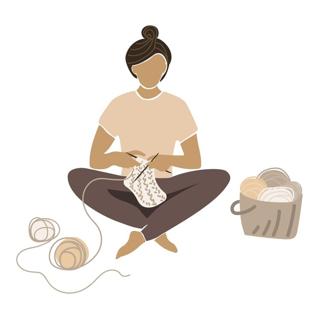 Young Woman Knitting With Knitting Needles.basket With Yarn And Balls Of Thread Vector