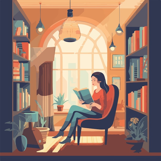 Vector young woman in a library living room