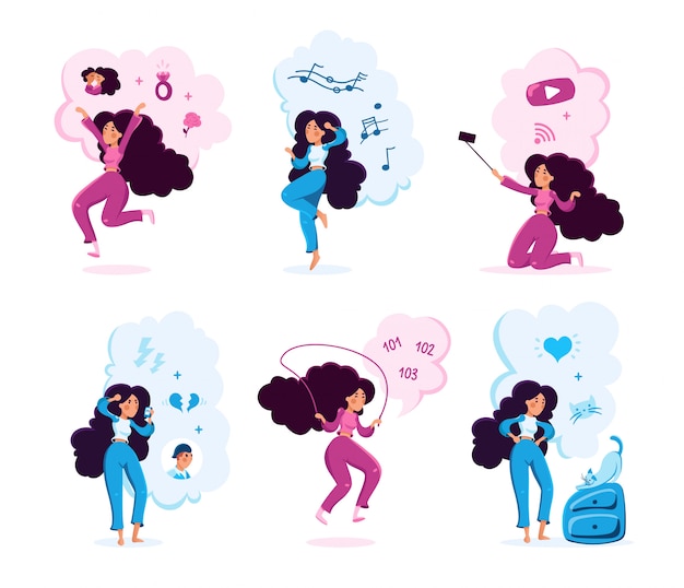 Young woman life scenes vector characters set