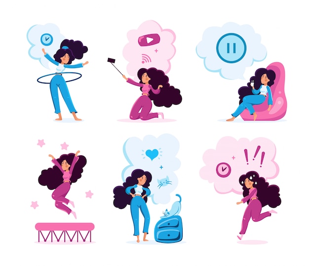 Young Woman Lifestyle Routine Character Set