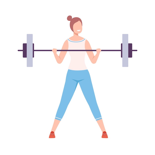 Vector young woman lifting barbell girl doing sports in fitness club gym or home active healthy lifestyle flat style vector illustration