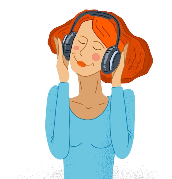 Vector young woman listening to music in headphones vector illustration isolated on white, girl is enjoying and relaxing listening to music.