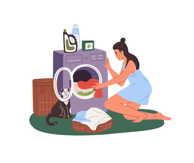 Vector young woman loading washing machine girl puts dirty clothes from basket in open door of laundry drum housewife does housework chores with cat flat isolated vector illustration on white background