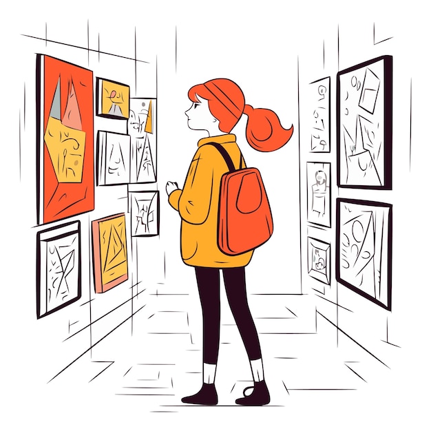 Вектор Молодая женщина смотрит на картины в художественной галерее векторная иллюстрация, нарисованная вручную