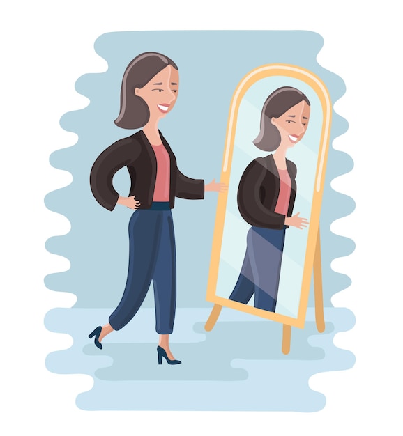 Vector young woman looking at herself in a mirror in dressing room