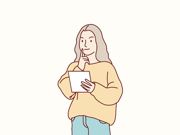 Young woman looking for ideas taking notes on paper standing simple korean style illustration