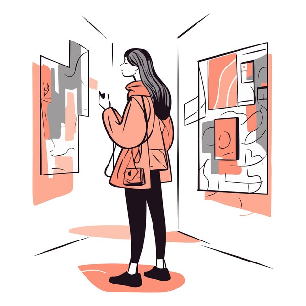 Young woman looking at paintings in art gallery in sketch style