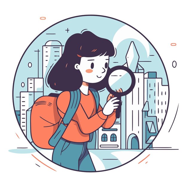 Vector young woman looking through a magnifying glass in the city