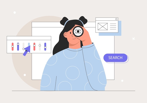 Молодая женщина, глядя через шпионское стекло. бизнес-метафора для поиска или исследований, разработки, веб-серфинга и поиска новых возможностей для бизнеса или карьеры. векторная иллюстрация в плоском стиле.