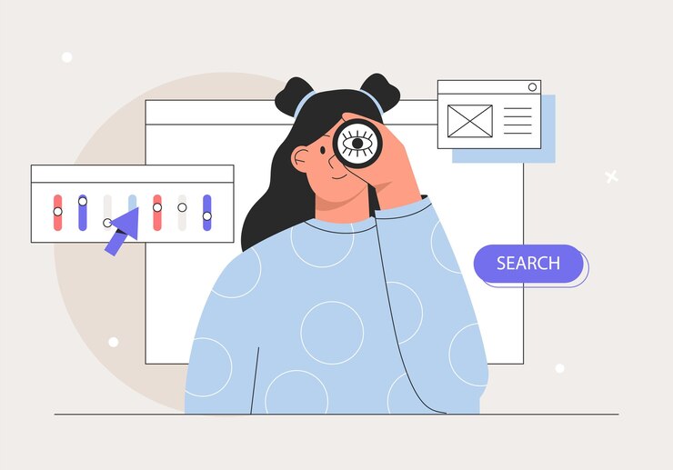 Vector young woman looking through spy glass. business metaphore for search or research, development, web surfing and looking for new business or career opportunities. flat style vector illustration.