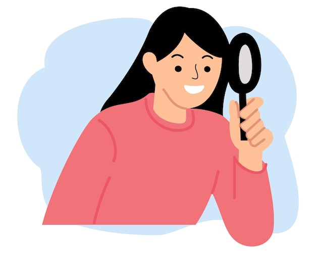 Vector young woman looking using a magnifying glass or searching concept