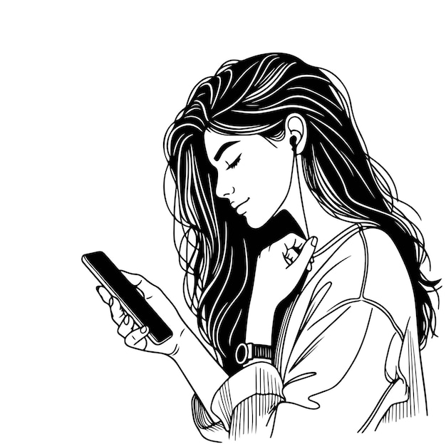 Vector young woman looks into her smartphone black and white illustration