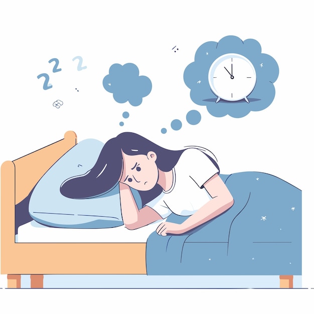 ベッドに横たわっている若い女性は,不眠症のベクトルイラストを白い背景で眠れない.