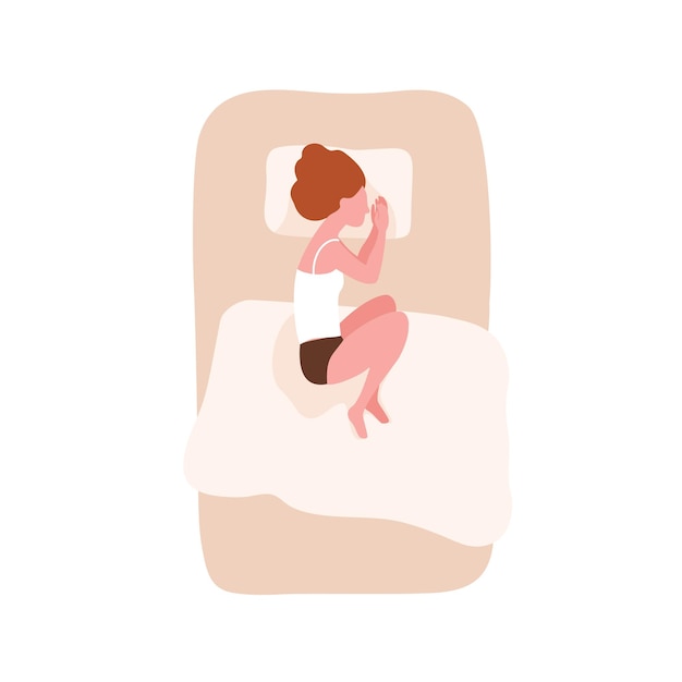 Young woman lying in bed and sleeping in fetal position. female cartoon character relaxing during night slumber