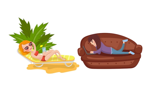 Вектор Молодая женщина, лежащая на солнцезащитном кресле, пьет сок и сидит на диване с ноутбуком с векторными иллюстрациями