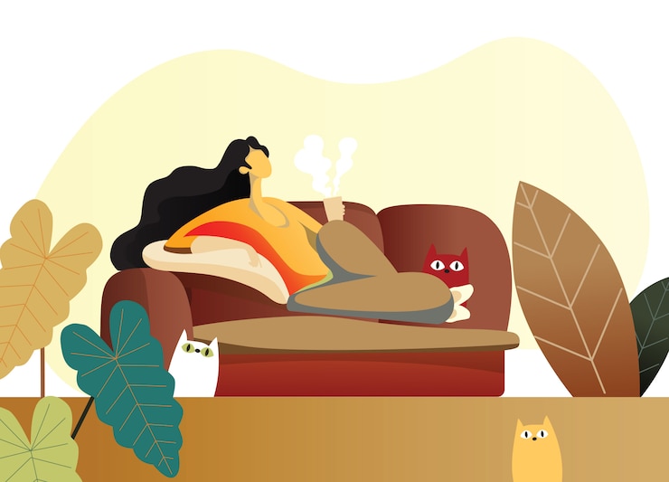 Vector young woman lying on sofa in living room 