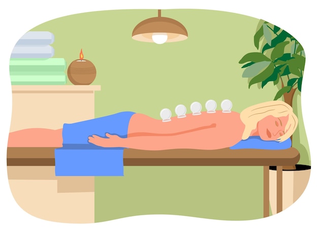 Vettore giovane donna sdraiata sul divano con gli occhi chiusi e le tazze sulla schiena massaggio concetto di terapia della tazza spa