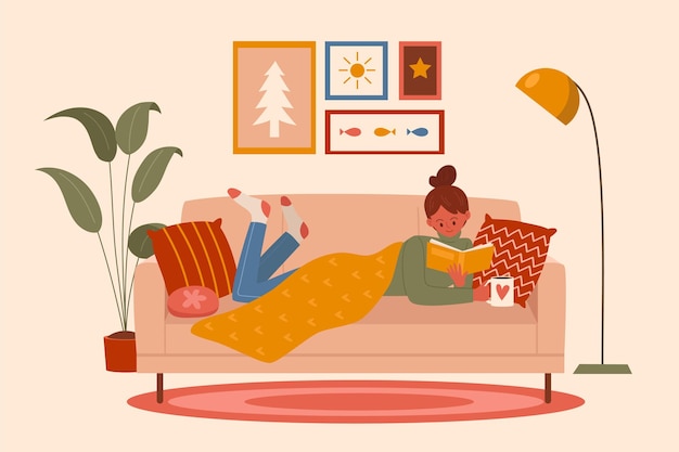 Vector young woman lying on sofa