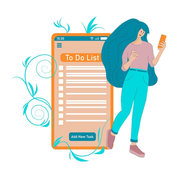 Vector young woman makes a to do list in the app on the phone