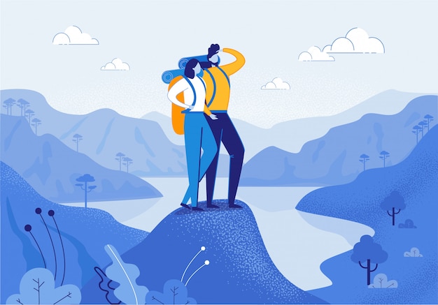 Vector young woman and man couple hiking in mountains