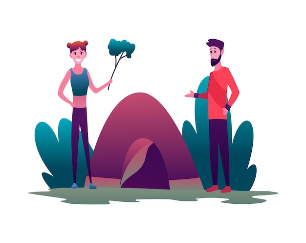 Young woman and man couple hiking with tent