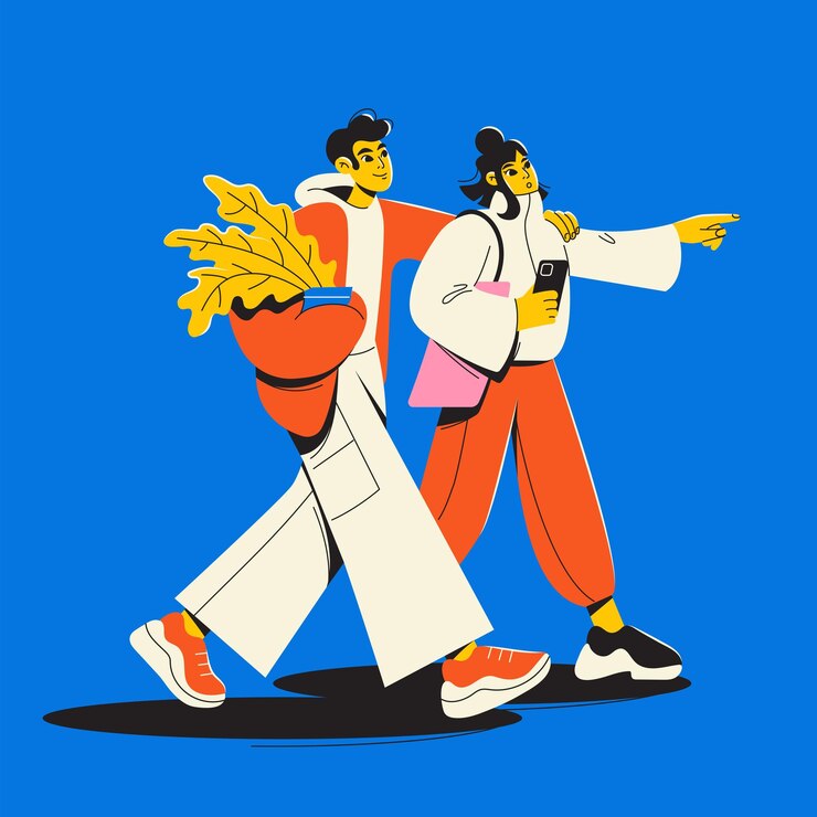 Vector 젊은 여자와 남자가 쇼핑하러 갑니다. 한 커플이 세일에서 포옹을 합니다. 가방을 든 세련된 사람들