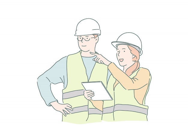 young woman master businesswoman explains to builder foreman instructions and requirements. 