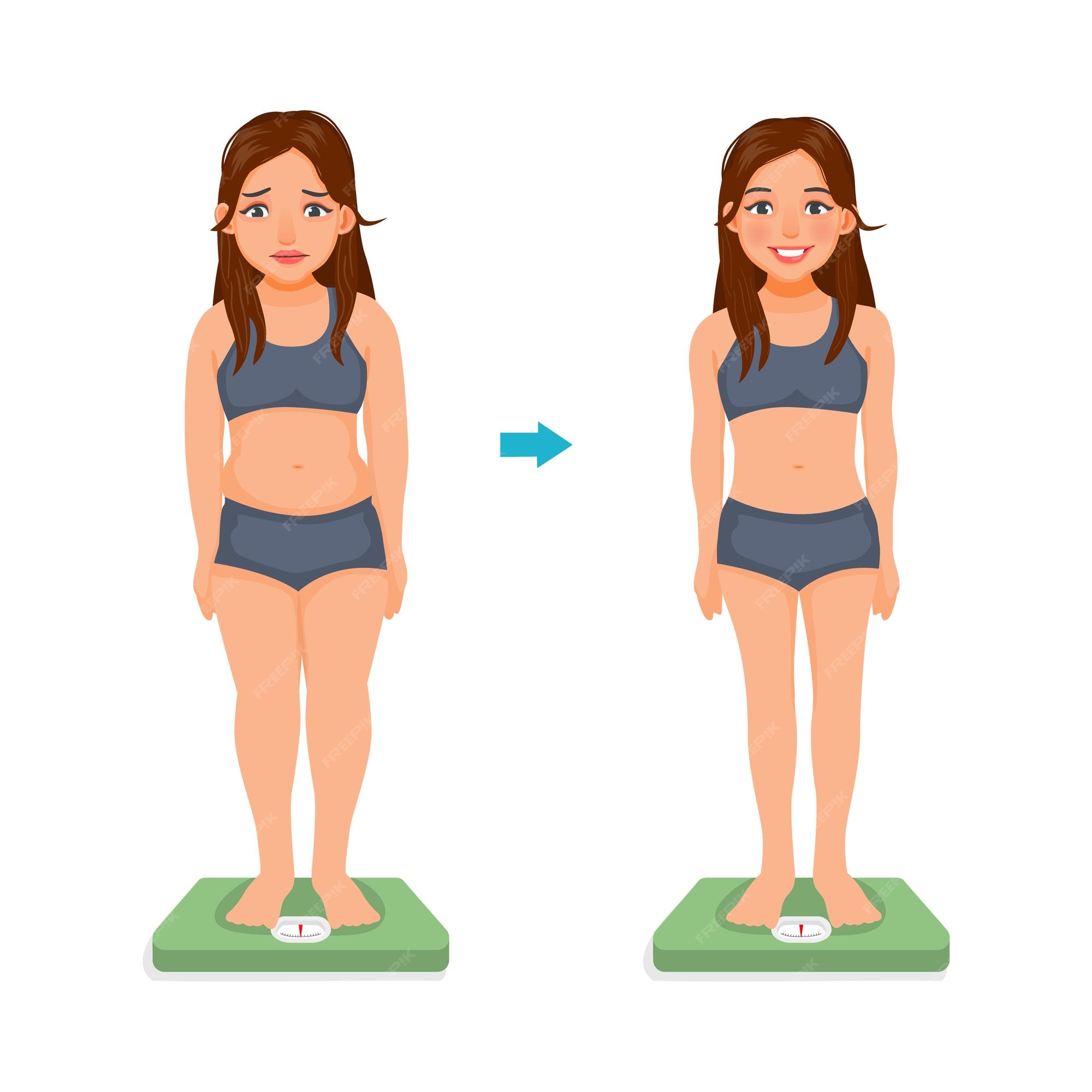 Premium Vector | Young woman measuring body weight on the scale before and  after weight loss diet program