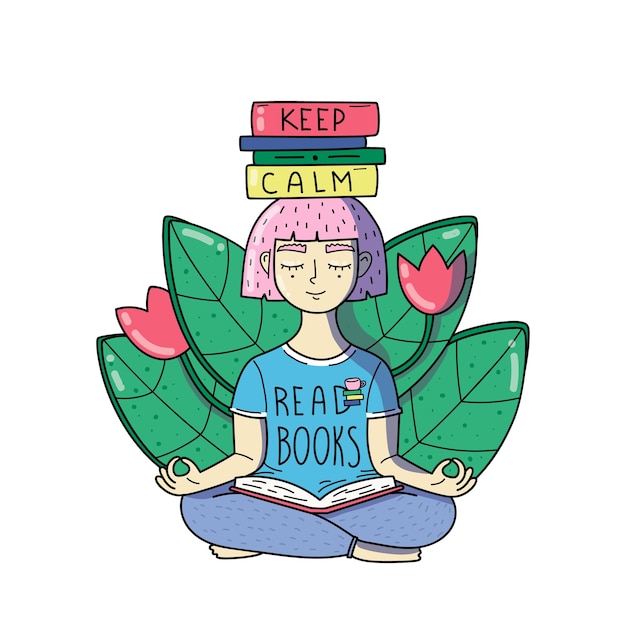 Vector young woman meditates with books on her head. keep calm read books. a girl has pink hair.