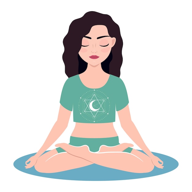 Vector a young woman meditates with her eyes closed a woman does yoga in the lotus position
