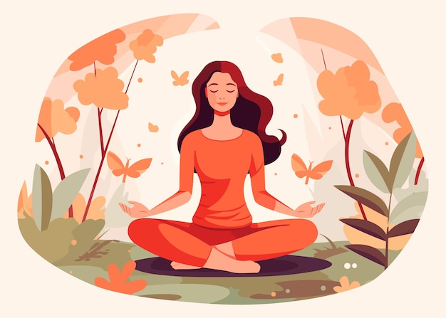 Young woman meditating in a lotus pose on orange color nature background flat vector illustration
