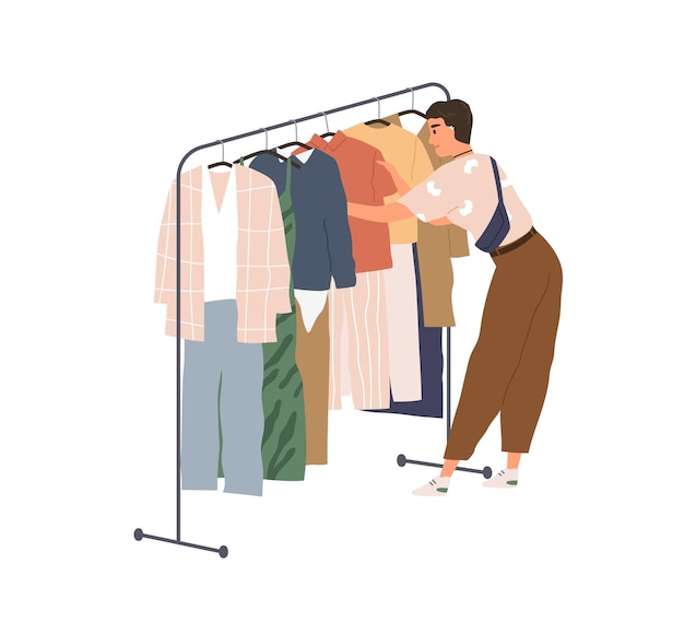 Young woman in modern clothes shopping and looking for fashion outfit. Female choosing from trendy stylish garments, hanging on hanger rack. Flat vector illustration isolated on white background.