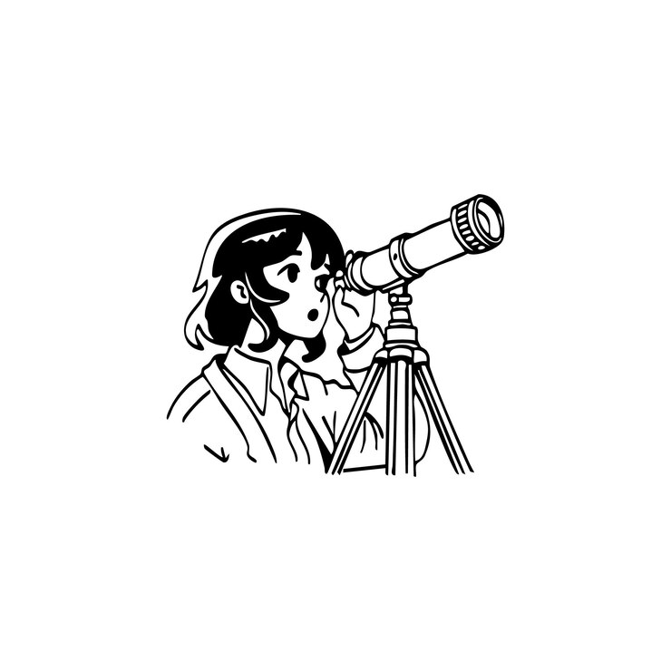 Vector young woman observing the stars through a telescope