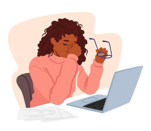 Vector young woman in office attire sits front of pc at desk piled with books holding glasses in one hand while rubbing her tired eyes with the other showing signs of exhaustion cartoon vector illustration