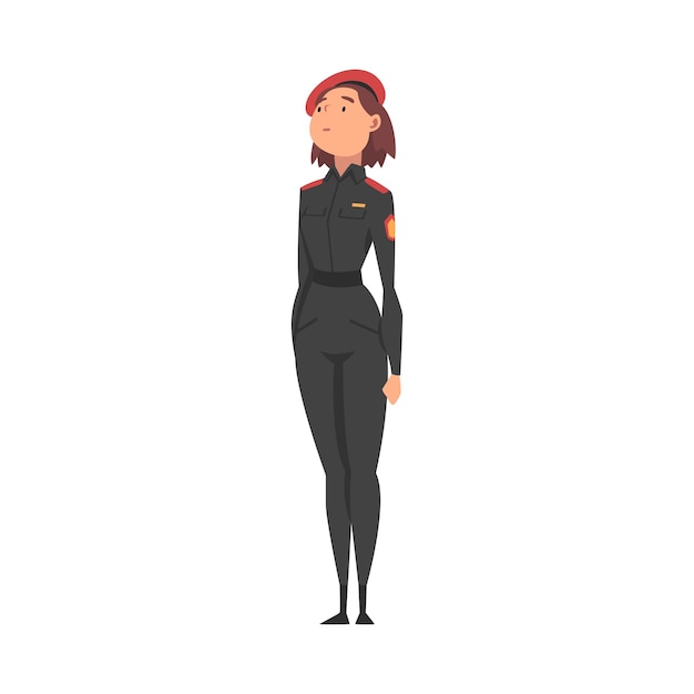 Young Woman Officer in Black Uniform Professional Military Female Character Vector Illustration