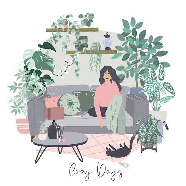 Молодая женщина на софе. уютный интерьер комнаты scandi с множеством растений в горшках, концепция городских джунглей, пастельные голубоватые и розовые цвета, рисованная плоская иллюстрация