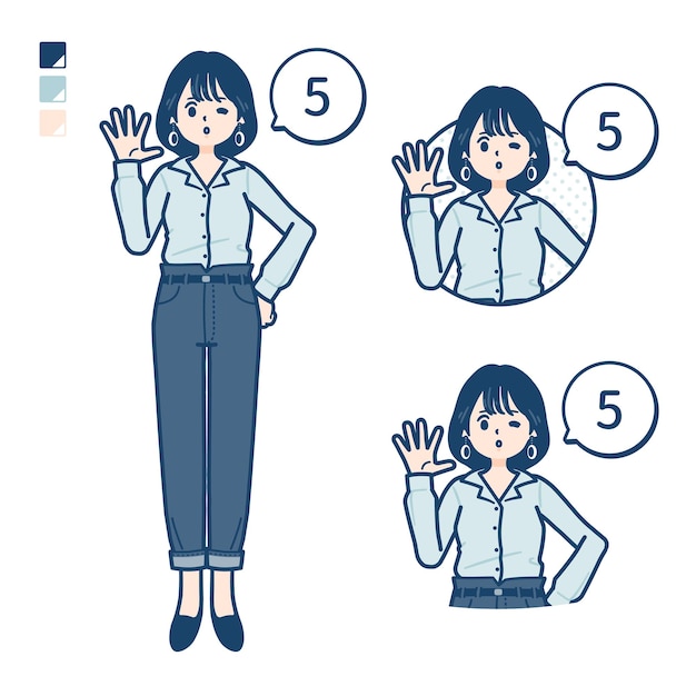 Young woman in an opencollared shirt with Counting as 5 images