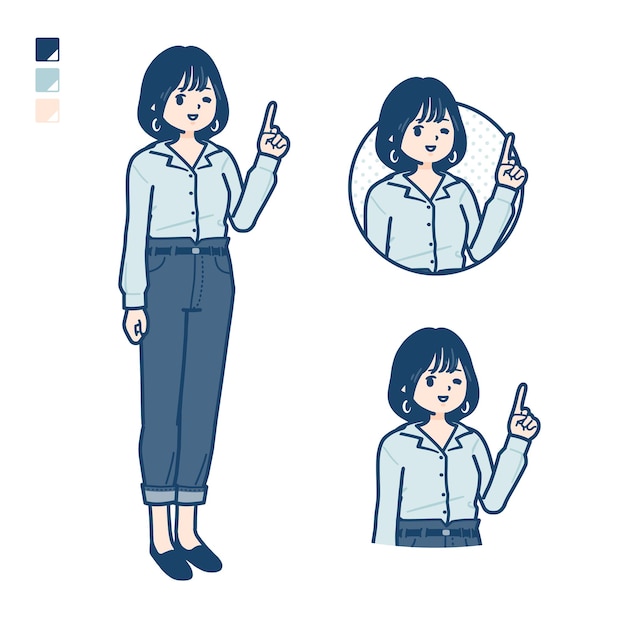 Young woman in an opencollared shirt with pointing hand sign images