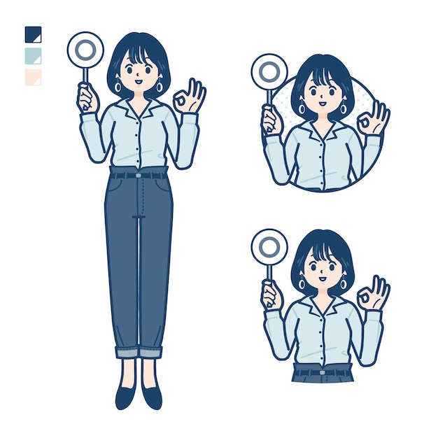 Young woman in an opencollared shirt with Put out a circle panel images