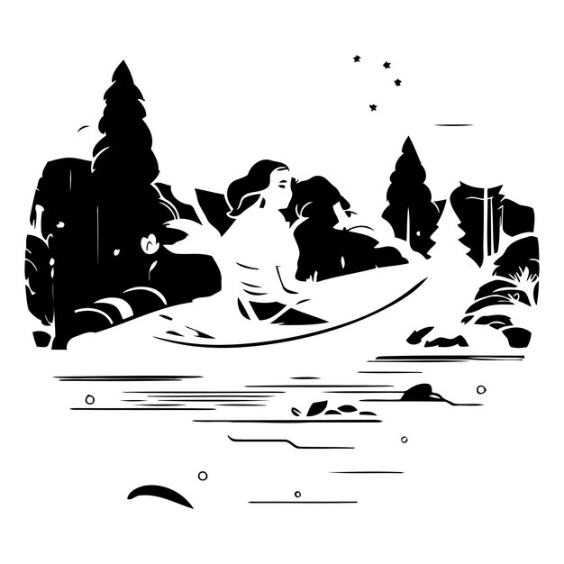 Vector young woman paddling in a canoe on the river