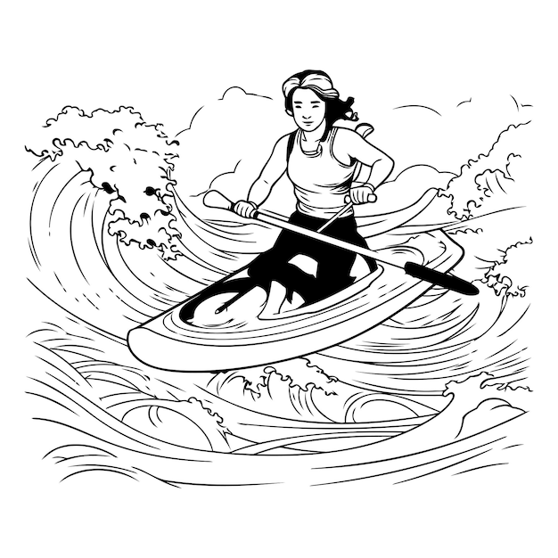 Молодая женщина гребёт на байдарке Ручная векторная иллюстрация