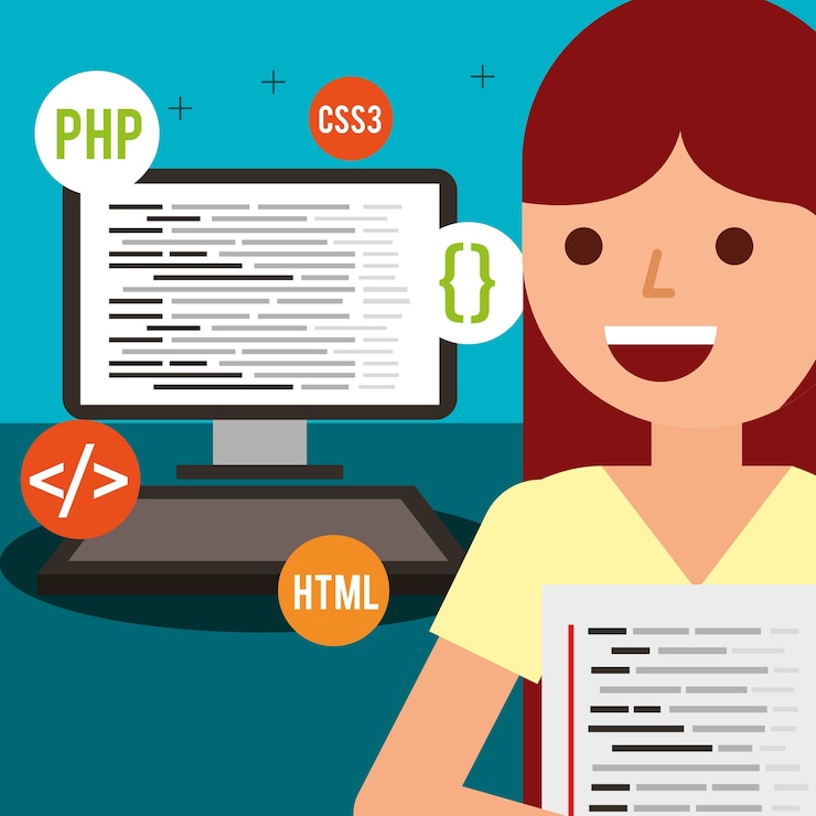 Vector young woman page program coding computer matrix technology