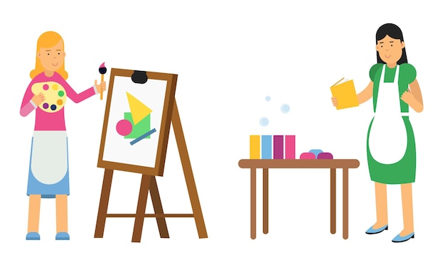 Vector young woman painting on drawing easel and crafting vector illustration set