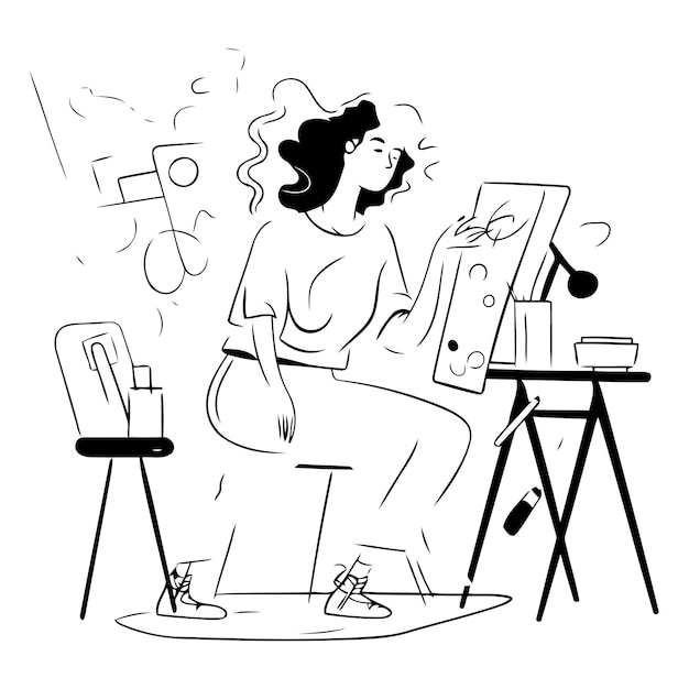 Vector young woman painting in her studio in cartoon style