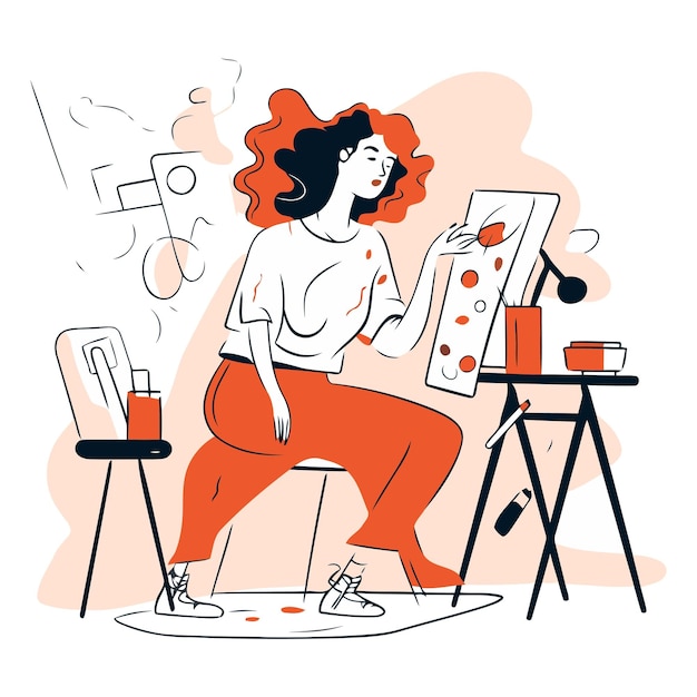 Vector young woman painting in her studio in cartoon style